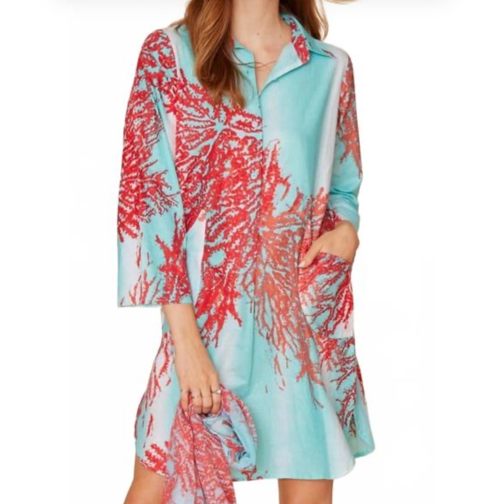 Moda Posa Gabriela Printed Tunic Shirt Tunic Shirt Dress Aqua Coral Size XS NWTS